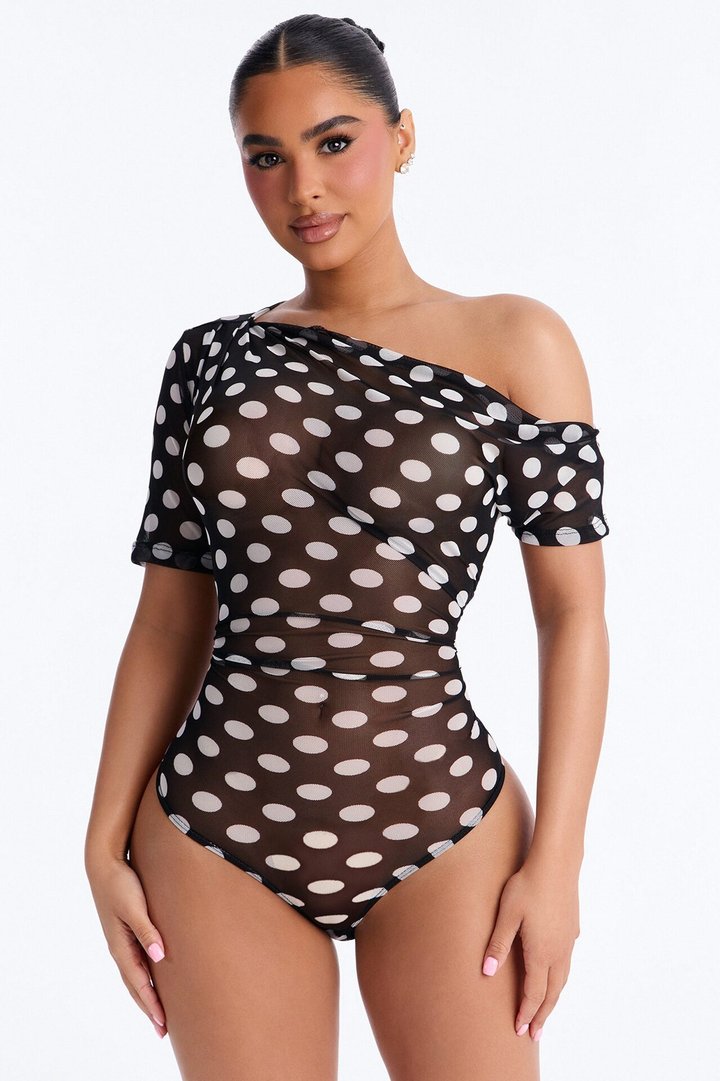Lina Polka Dot Mesh Off Shoulder Short Sleeve Bodysuit - Black/combo
