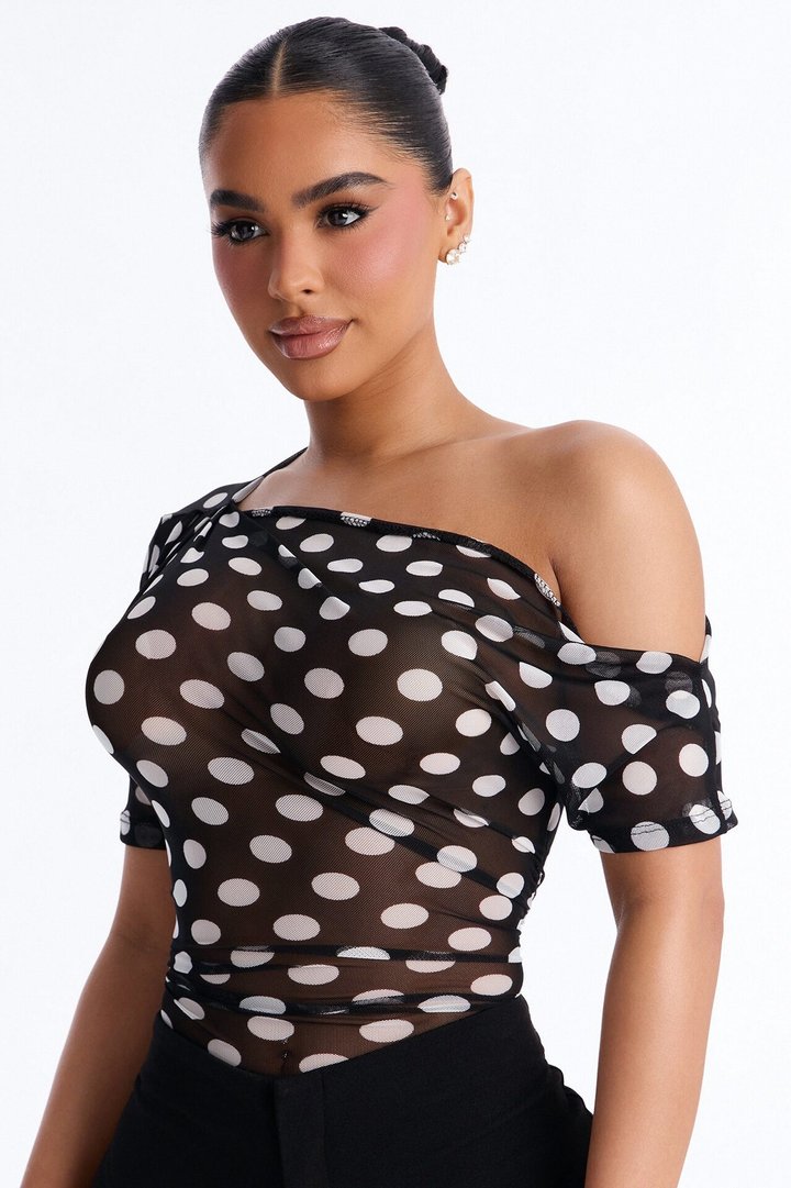 Lina Polka Dot Mesh Off Shoulder Short Sleeve Bodysuit - Black/combo