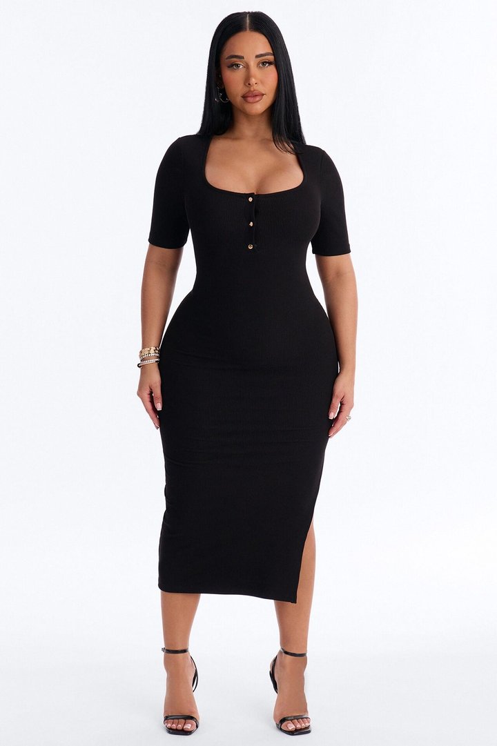 Blaire Ribbed Midi Dress - Black