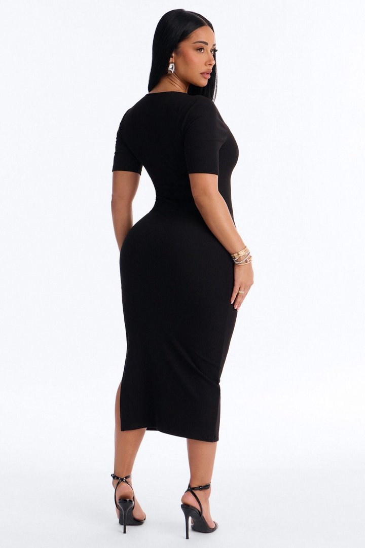 Blaire Ribbed Midi Dress - Black
