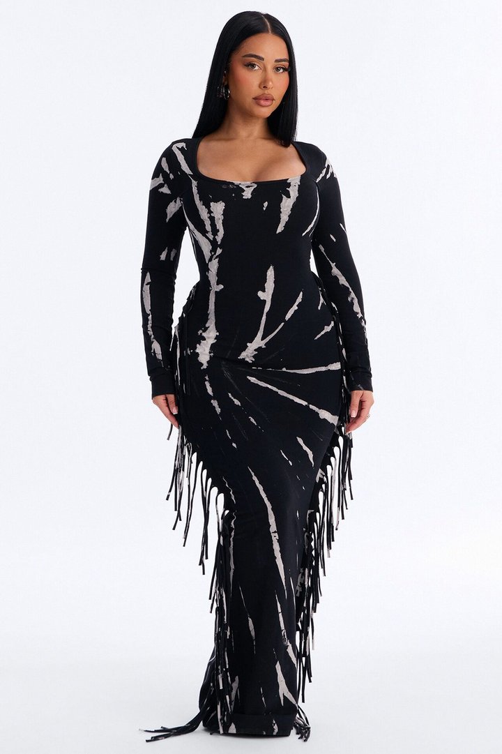 Lexi Longsleeve Tie Dye Fringe Maxi Dress - Black/White