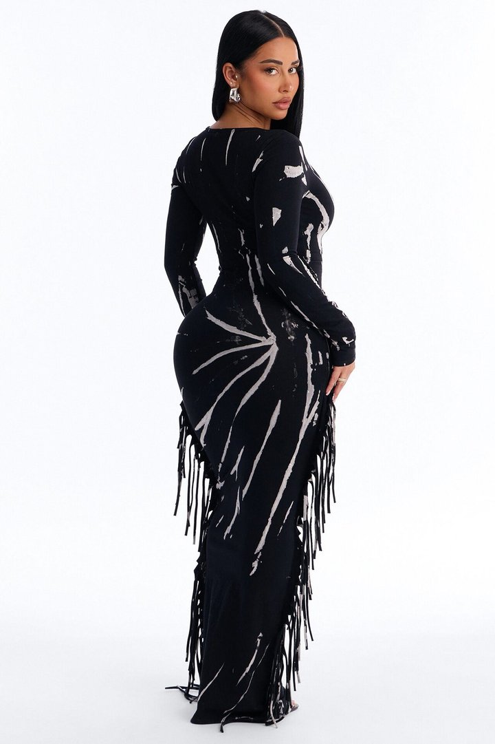 Lexi Longsleeve Tie Dye Fringe Maxi Dress - Black/White