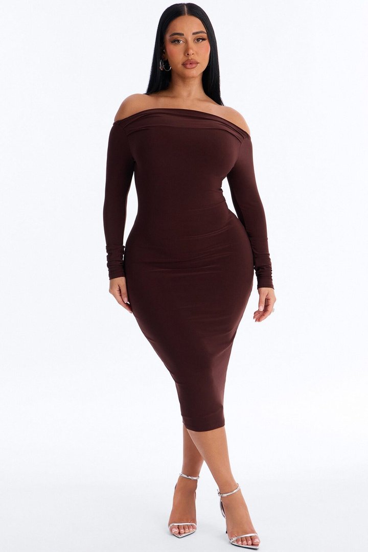 Delia Off Shoulder Midi Dress - Chocolate
