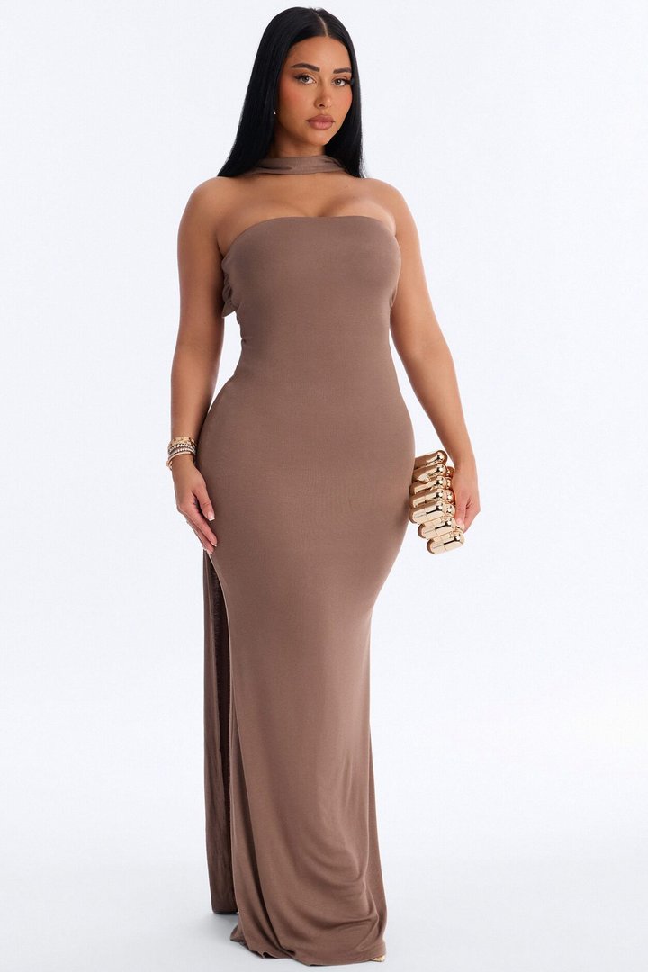 Dubai Nights Backless Maxi Dress - Mocha