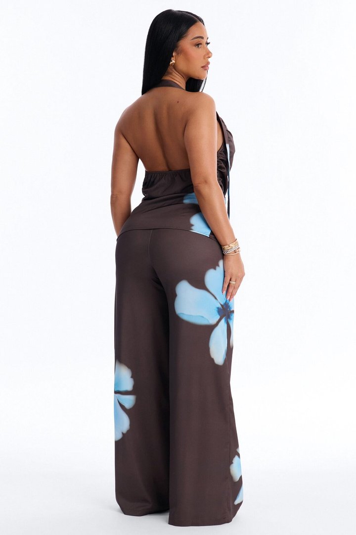 Forbidden Petals Satin Pant Set - Chocolate/Combo