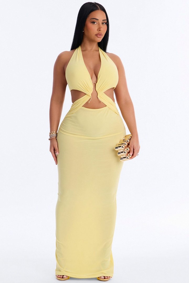Zia Halter Ruched Maxi Dress - Yellow