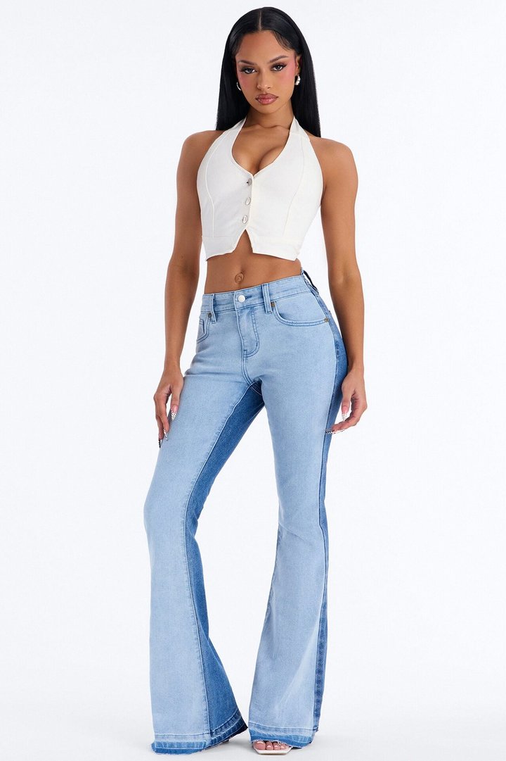 She's A Gemini Two Tone Bell Bottom Jeans - Medium Wash