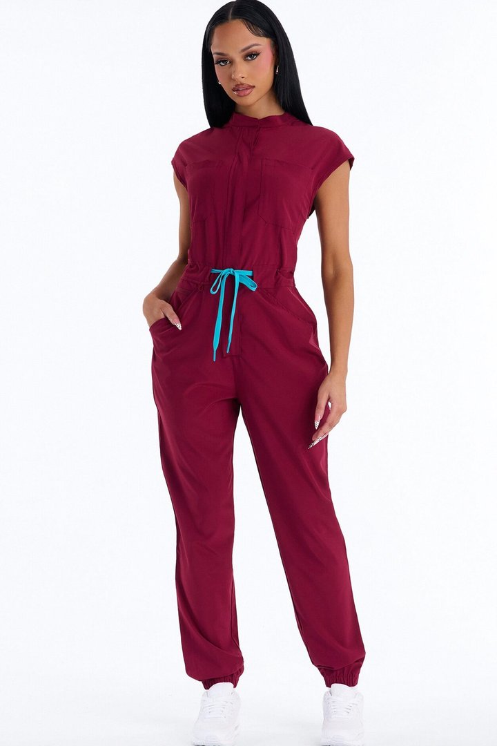 Ready Next Shift Stretch Scrub Jumpsuit - Burgundy