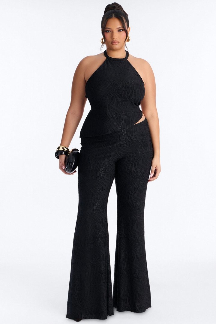 So In Love Textured Halter Flare Pant Set - Black