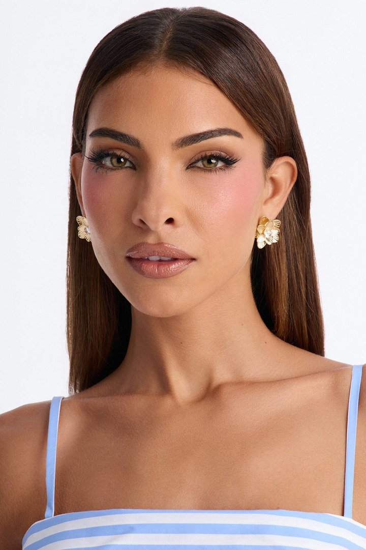Teresa Floral Rhinestone Stud Earrings - Gold/Clear