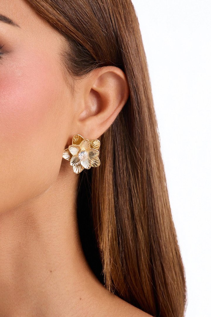 Teresa Floral Rhinestone Stud Earrings - Gold/Clear