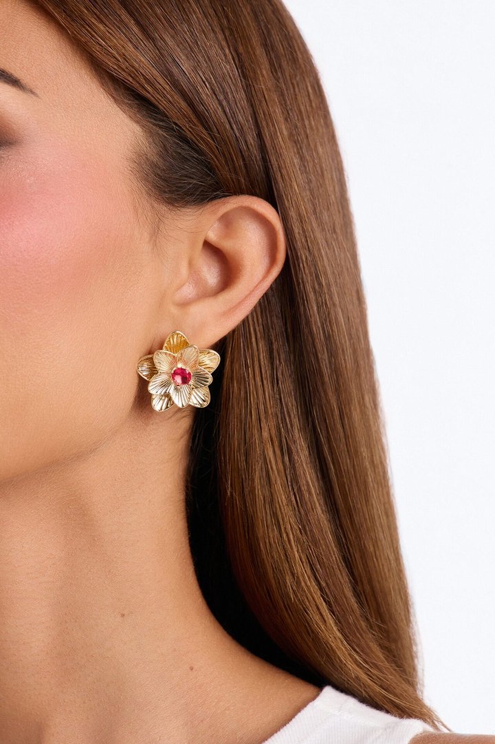 Teresa Floral Rhinestone Stud Earrings - Gold/Pink