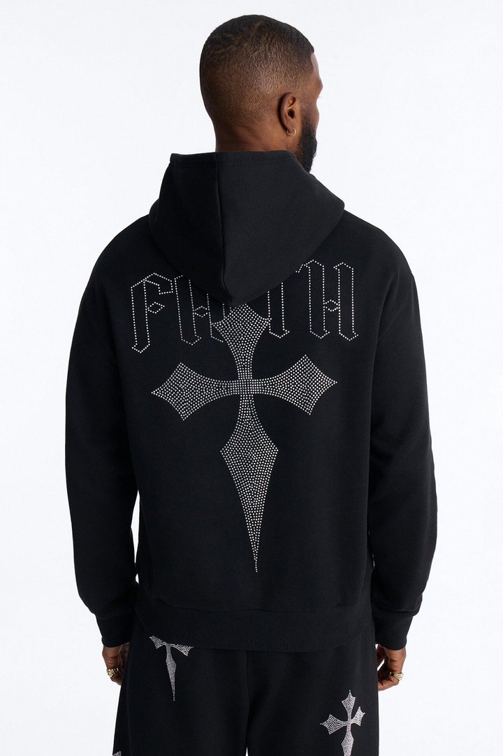 Faith By The Cross Rhinestones Oversized Hoodie - Black