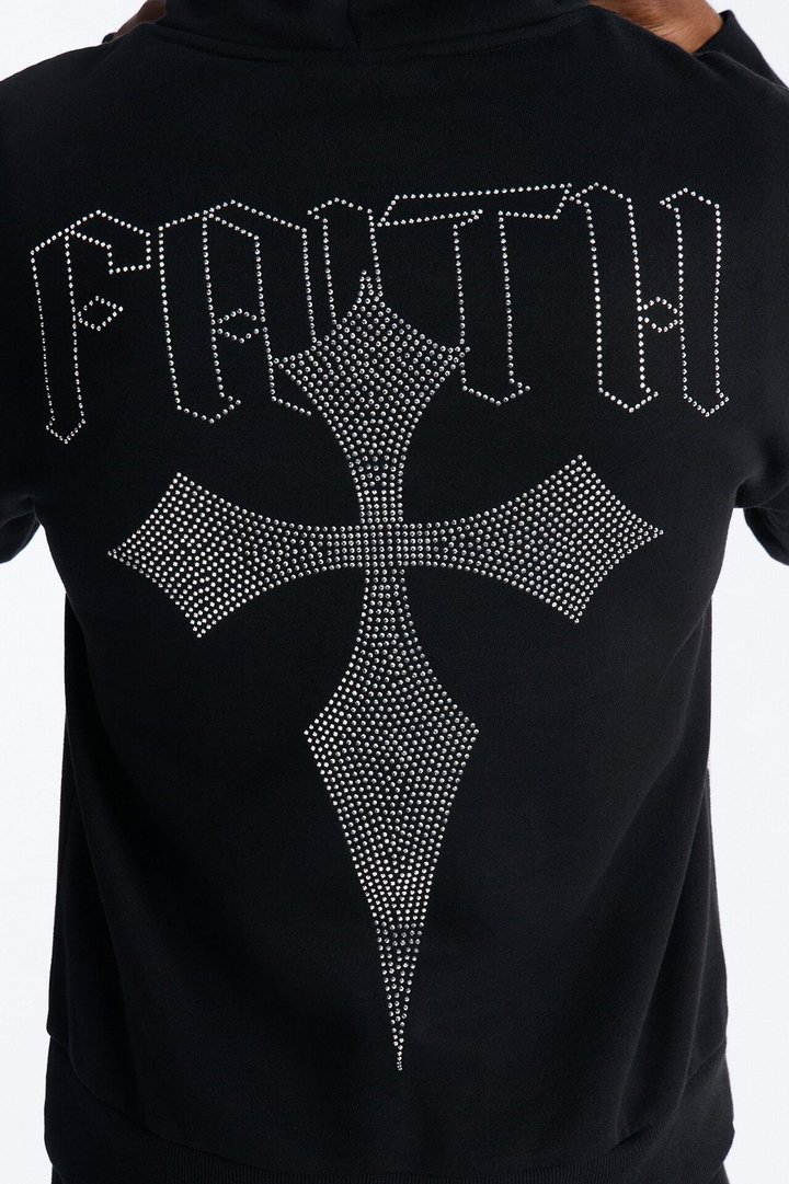 Faith By The Cross Rhinestones Oversized Hoodie - Black