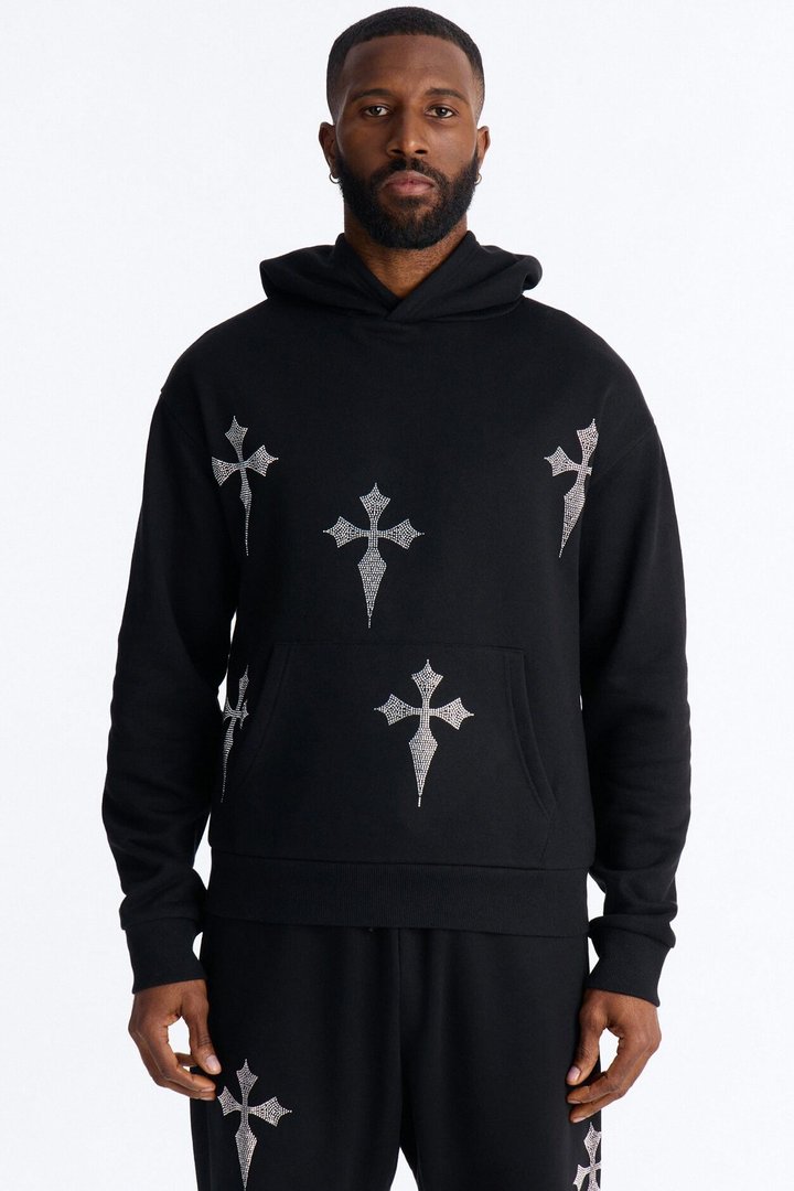 Faith By The Cross Rhinestones Oversized Hoodie - Black