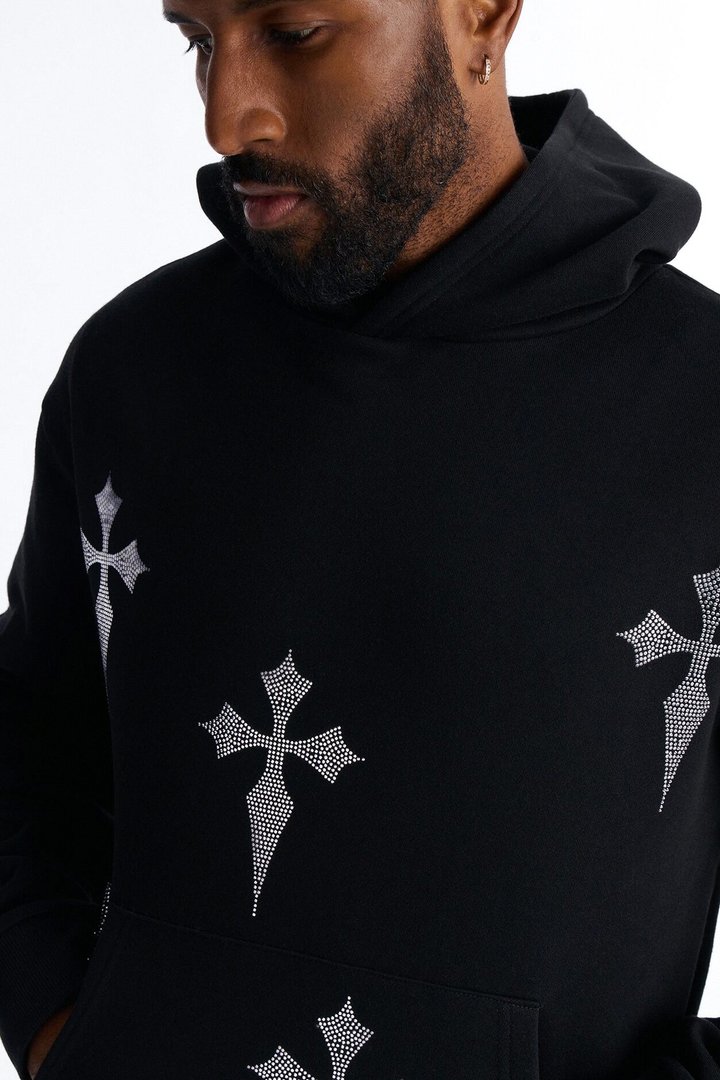 Faith By The Cross Rhinestones Oversized Hoodie - Black