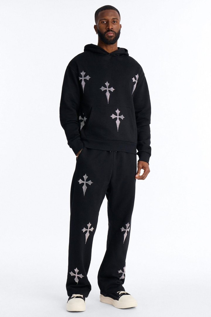 Faith By The Cross Rhinestones Oversized Hoodie - Black