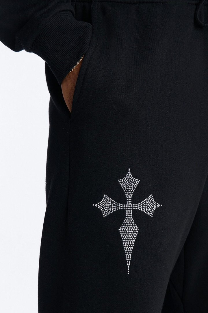 Faith By The Cross Rhinestones Sweatpants - Black