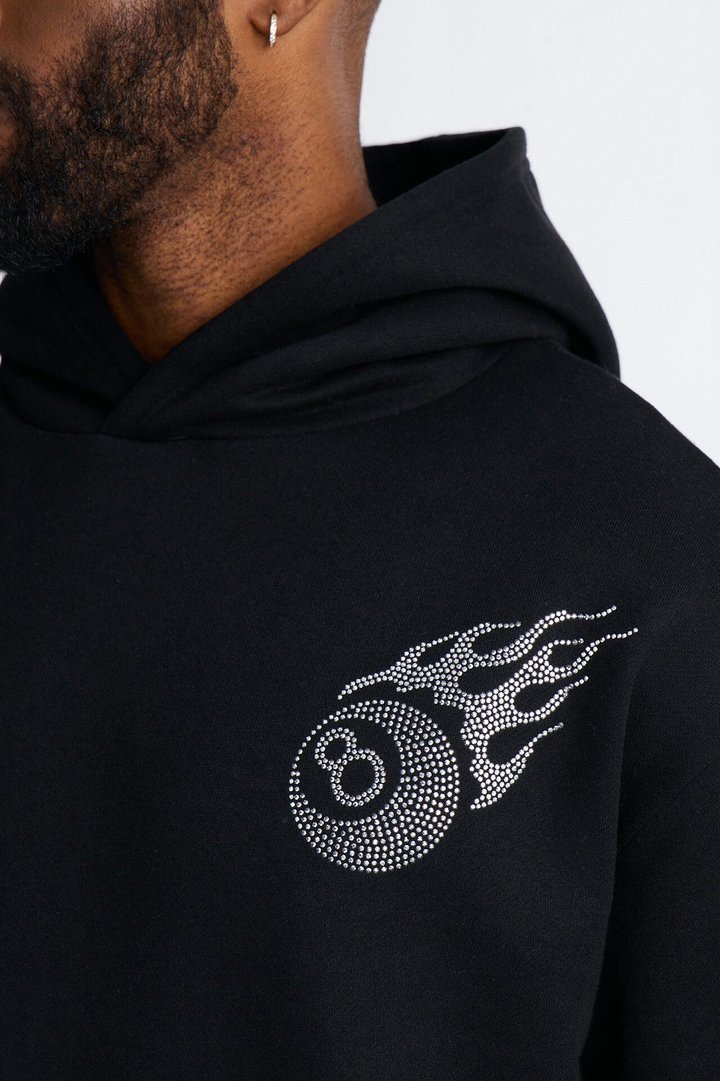 Eightball Rhinestones Oversized Hoodie - Black