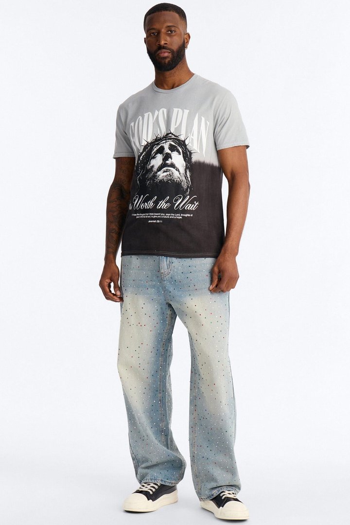 God's Plan Dip-Dye Graphic Short Sleeve Tee - Grey/Black