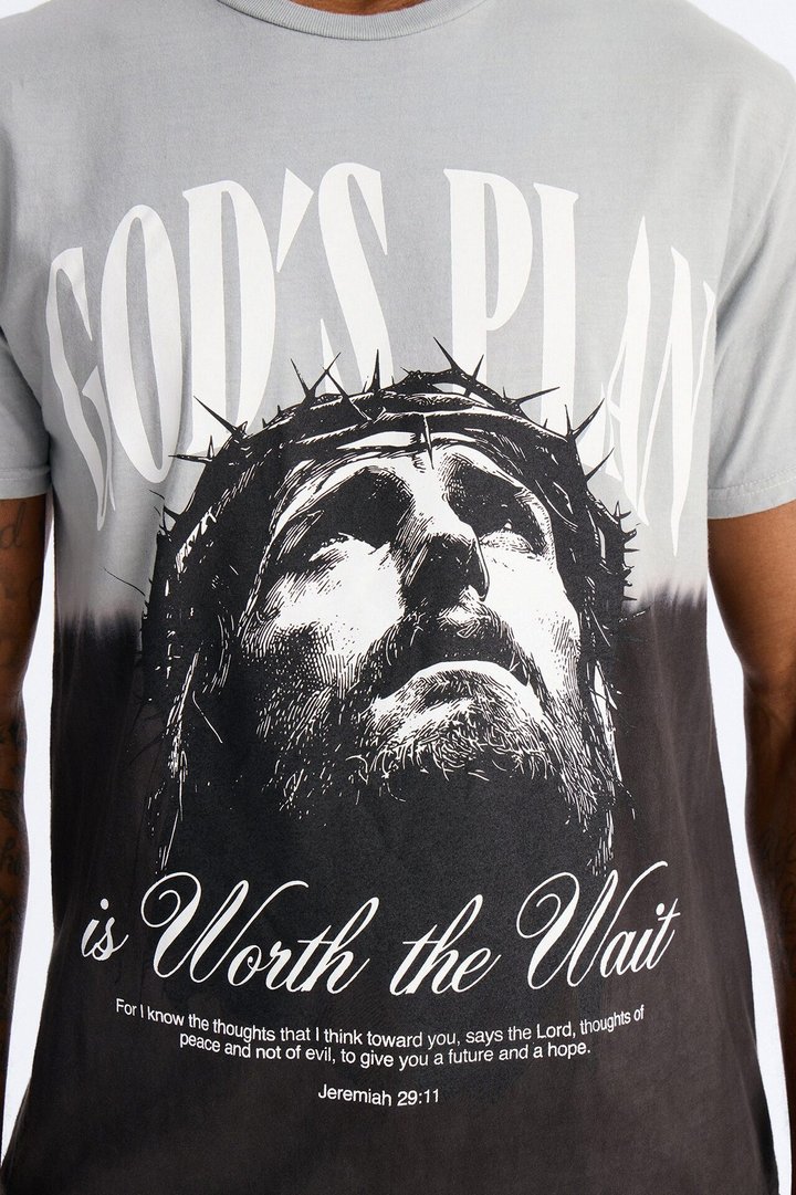God's Plan Dip-Dye Graphic Short Sleeve Tee - Grey/Black
