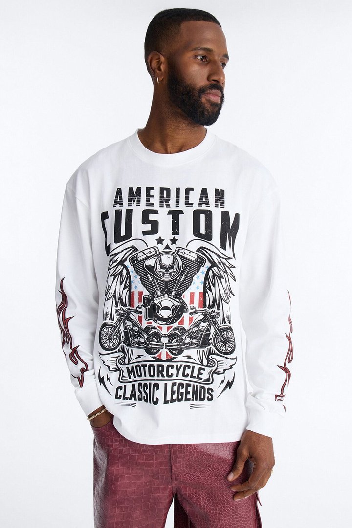 American Custom Motorcycle Oversized Long Sleeve Tee - White