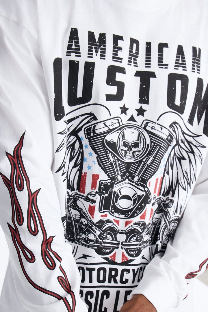 American Custom Motorcycle Oversized Long Sleeve Tee - White