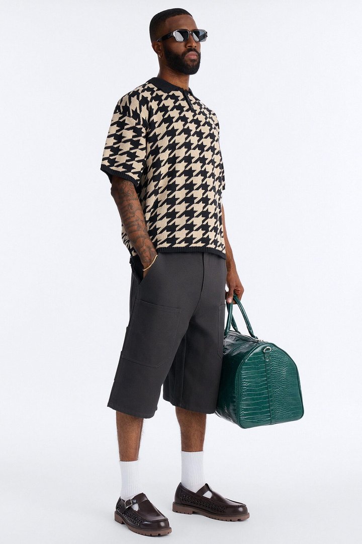 Houndstooth Short Sleeve Knitted Polo - Black