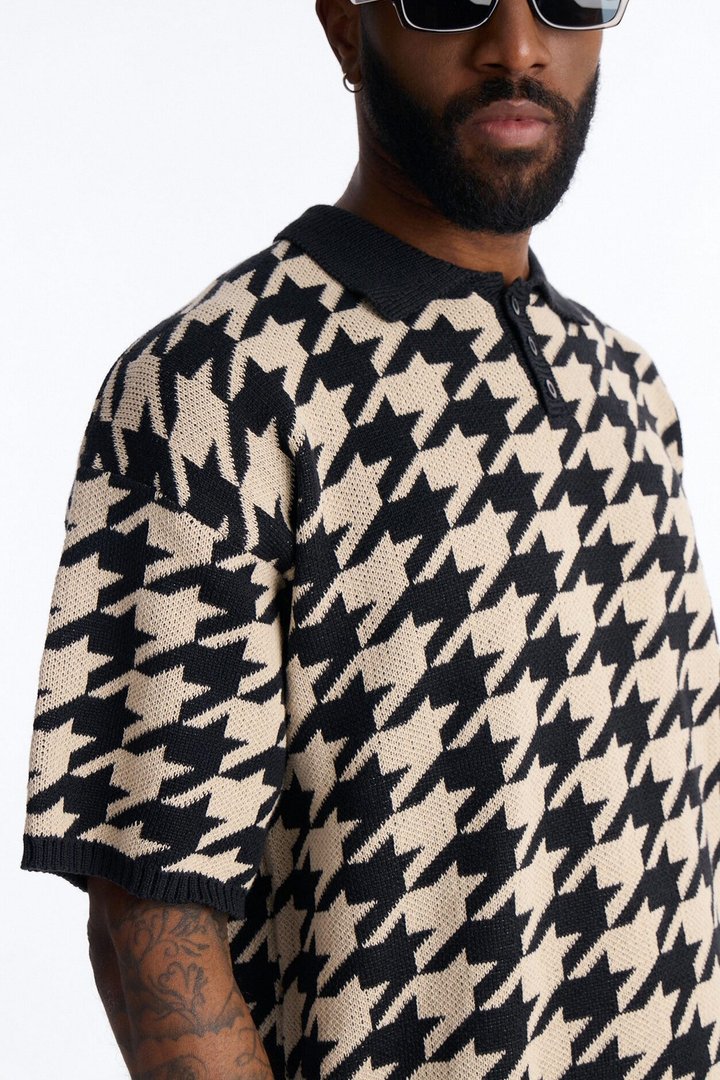 Houndstooth Short Sleeve Knitted Polo - Black