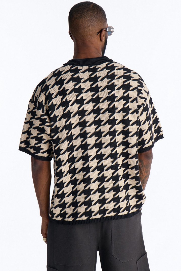 Houndstooth Short Sleeve Knitted Polo - Black