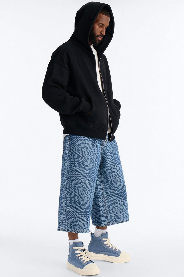 Super Baggy Trippy Check Denim Short - Medium Blue Wash