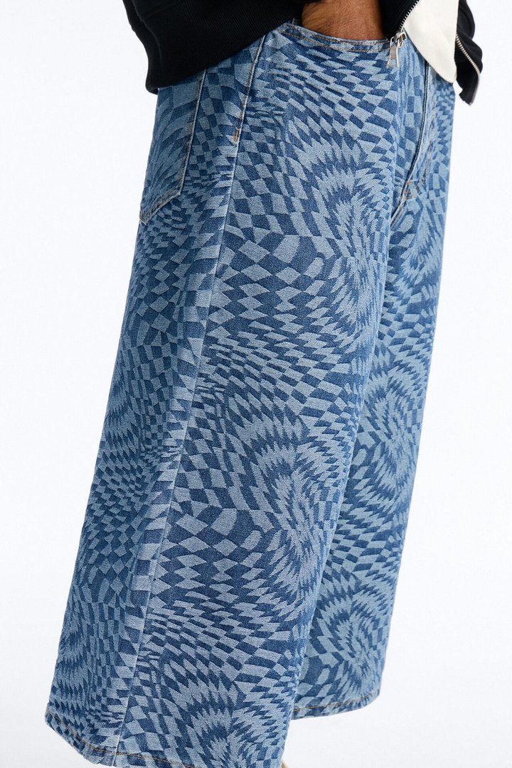 Super Baggy Trippy Check Denim Short - Medium Blue Wash