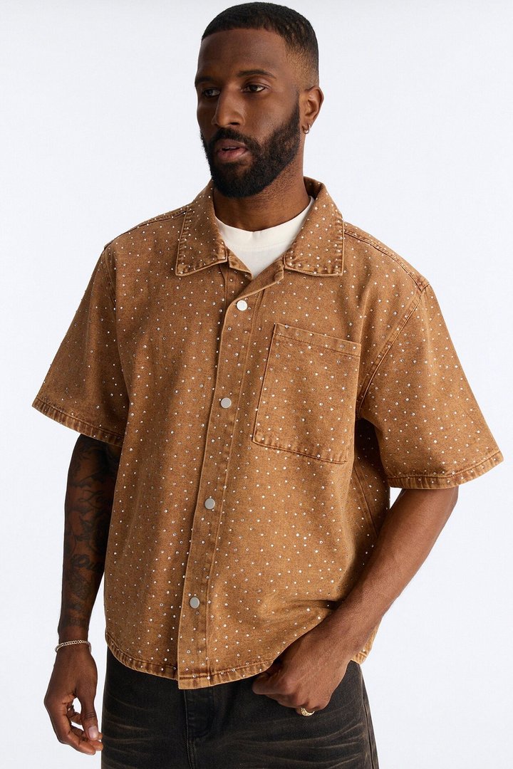 Cropped Embellished Denim Button Up Shirt - Brown