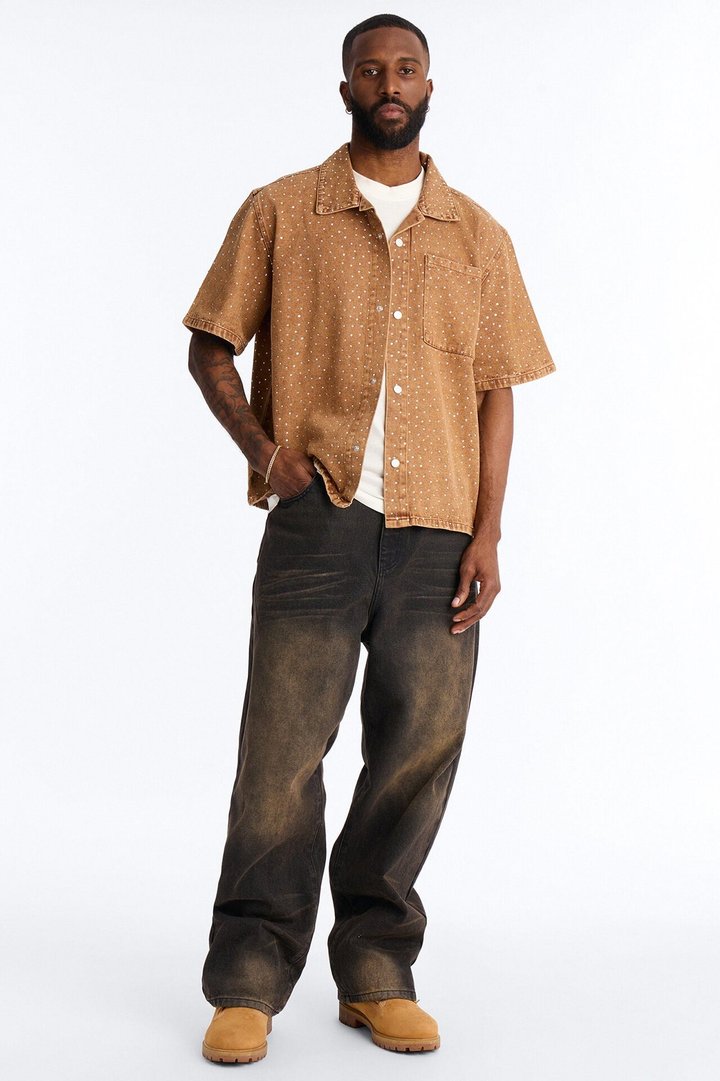 Cropped Embellished Denim Button Up Shirt - Brown