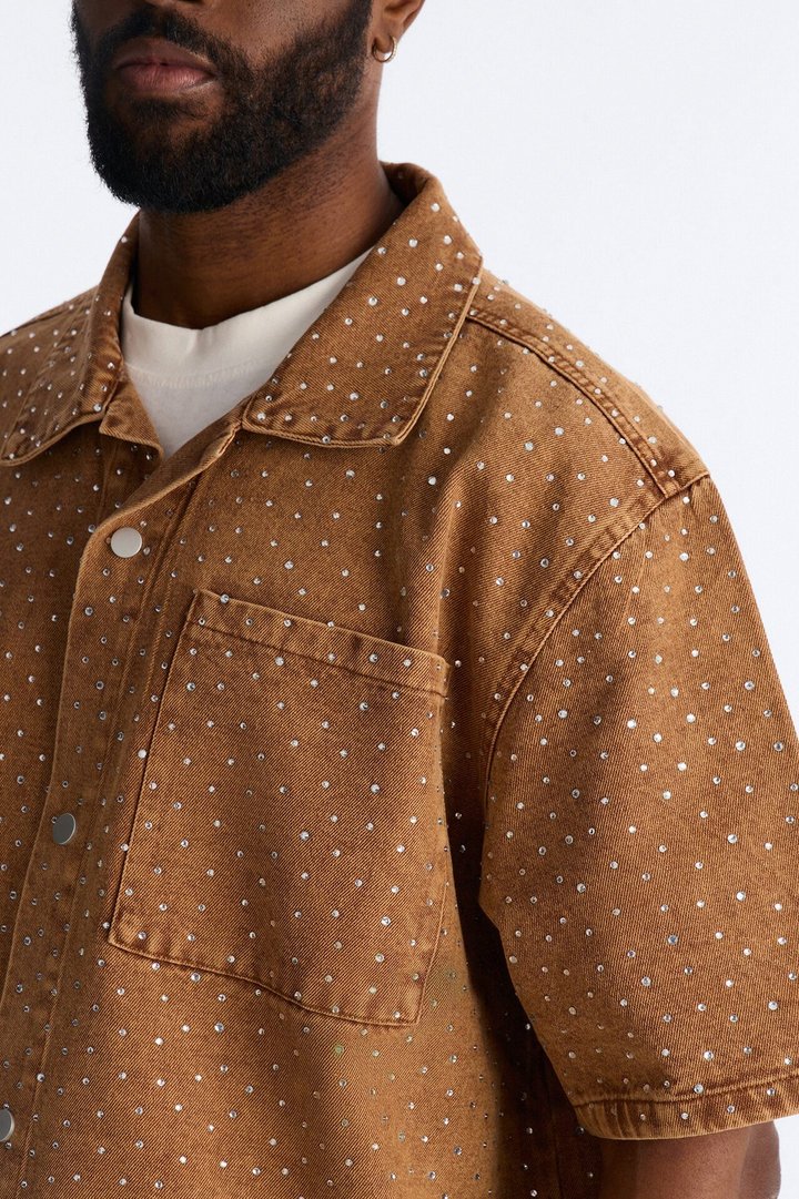 Cropped Embellished Denim Button Up Shirt - Brown