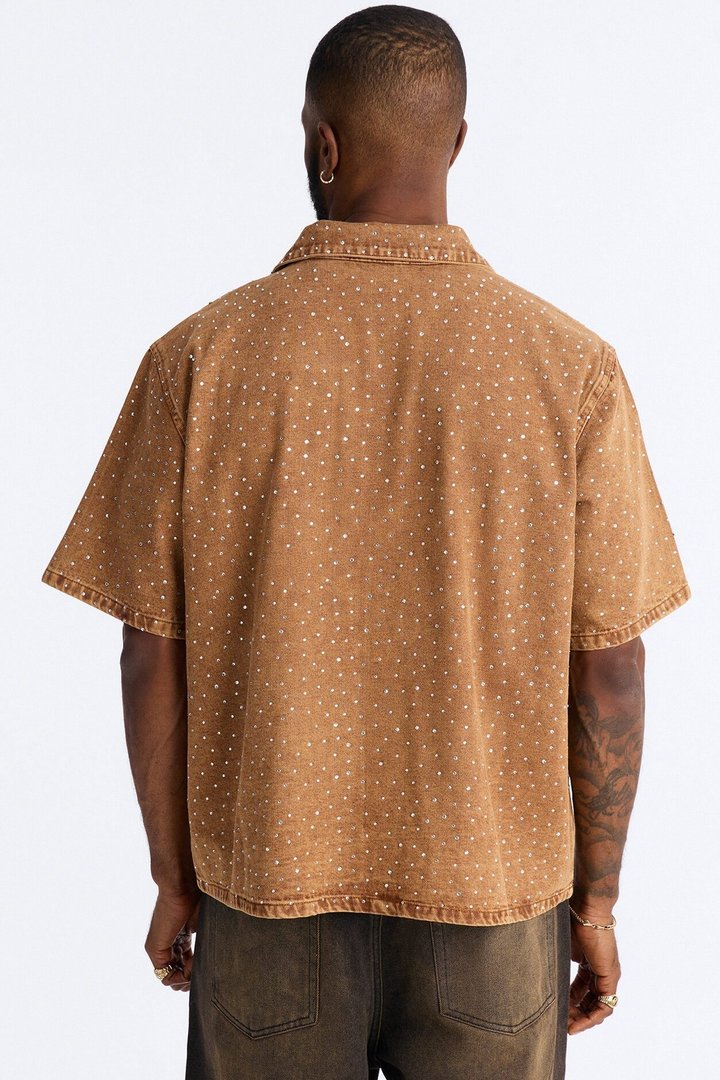 Cropped Embellished Denim Button Up Shirt - Brown