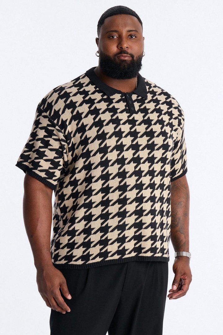 Houndstooth Short Sleeve Knitted Polo - Black