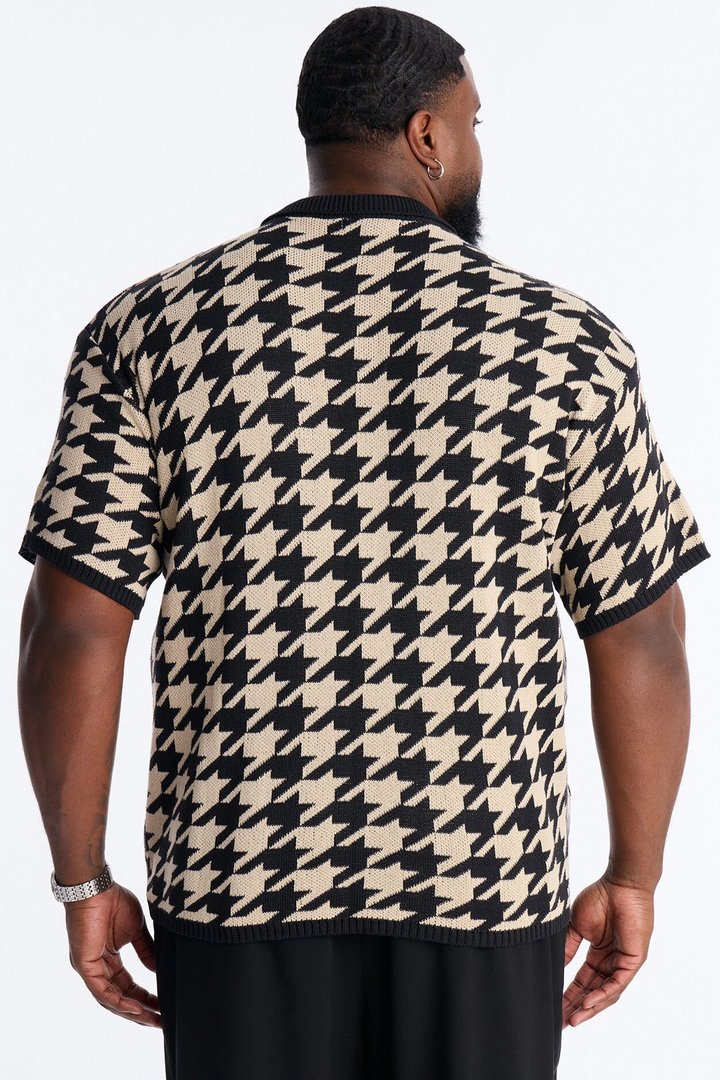 Houndstooth Short Sleeve Knitted Polo - Black