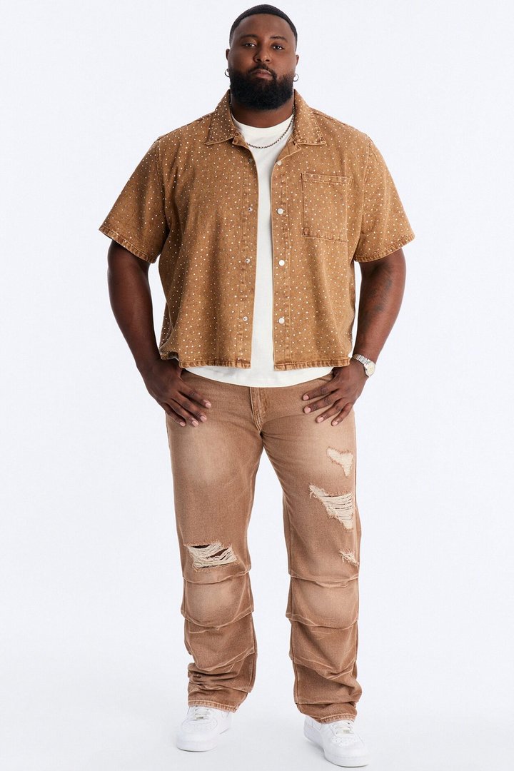Cropped Embellished Denim Button Up Shirt - Brown