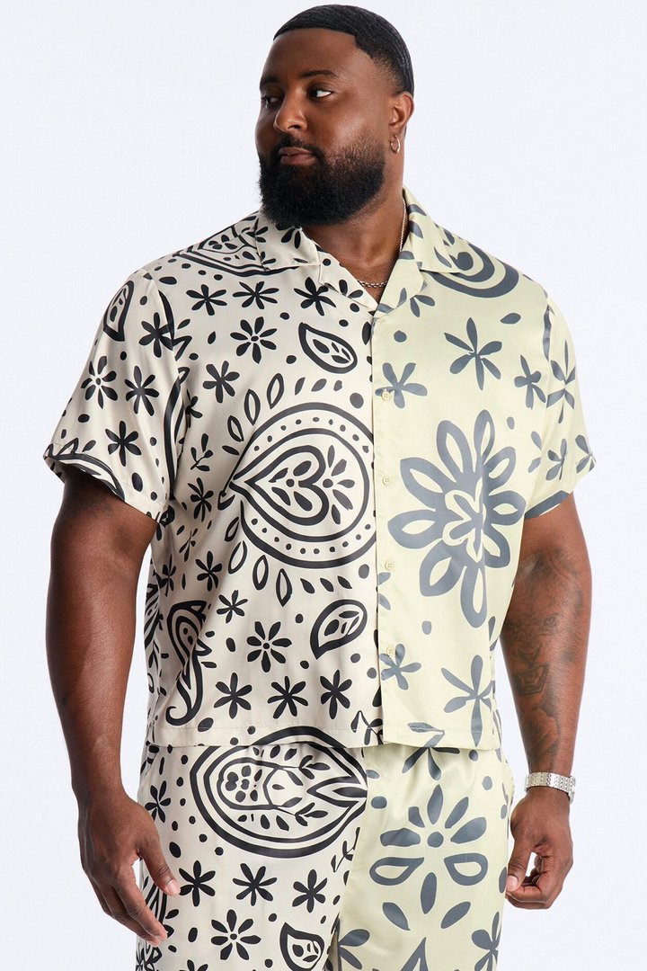 Noxos Cuban Collar Button Up Shirt - Natural