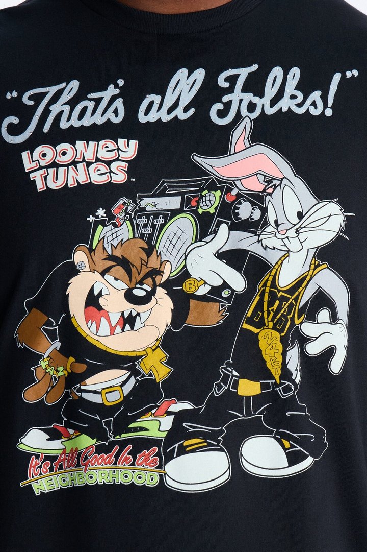 Looney Tunes Thats All Folks Rhinestone Short Sleeve Tee - Black