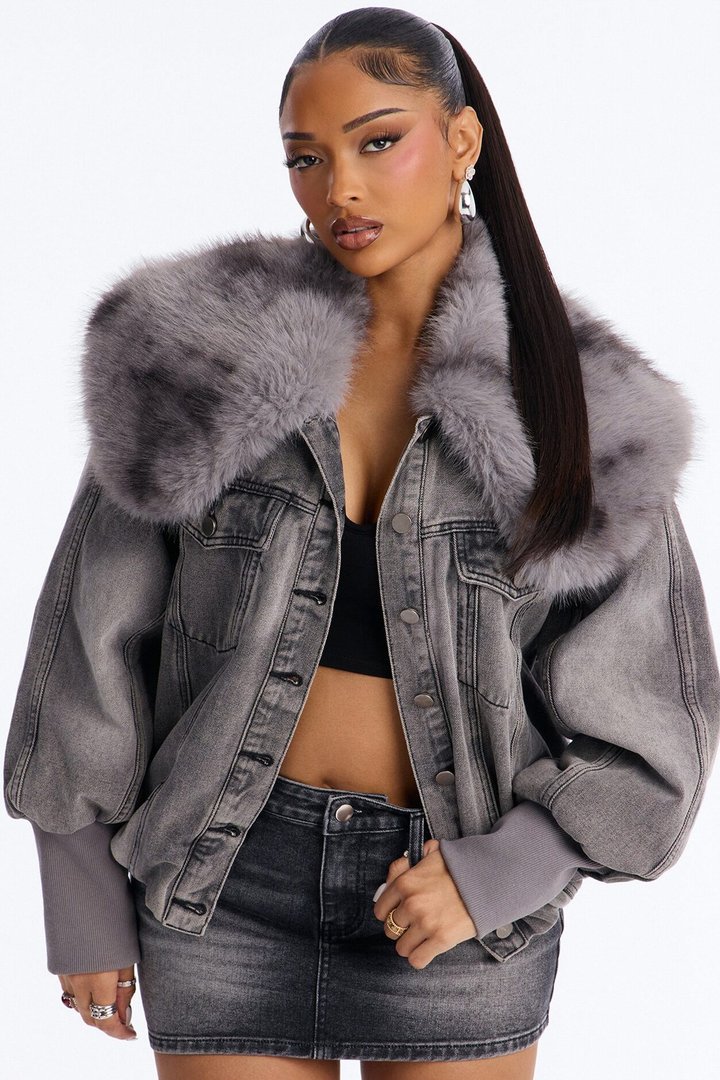 Vail Faux Fur Denim Bomber Jacket - Grey