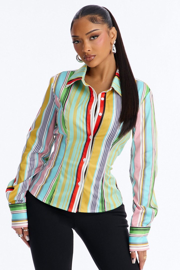 Messy Thoughts Fitted Pinstripe Shirt - Multi Color