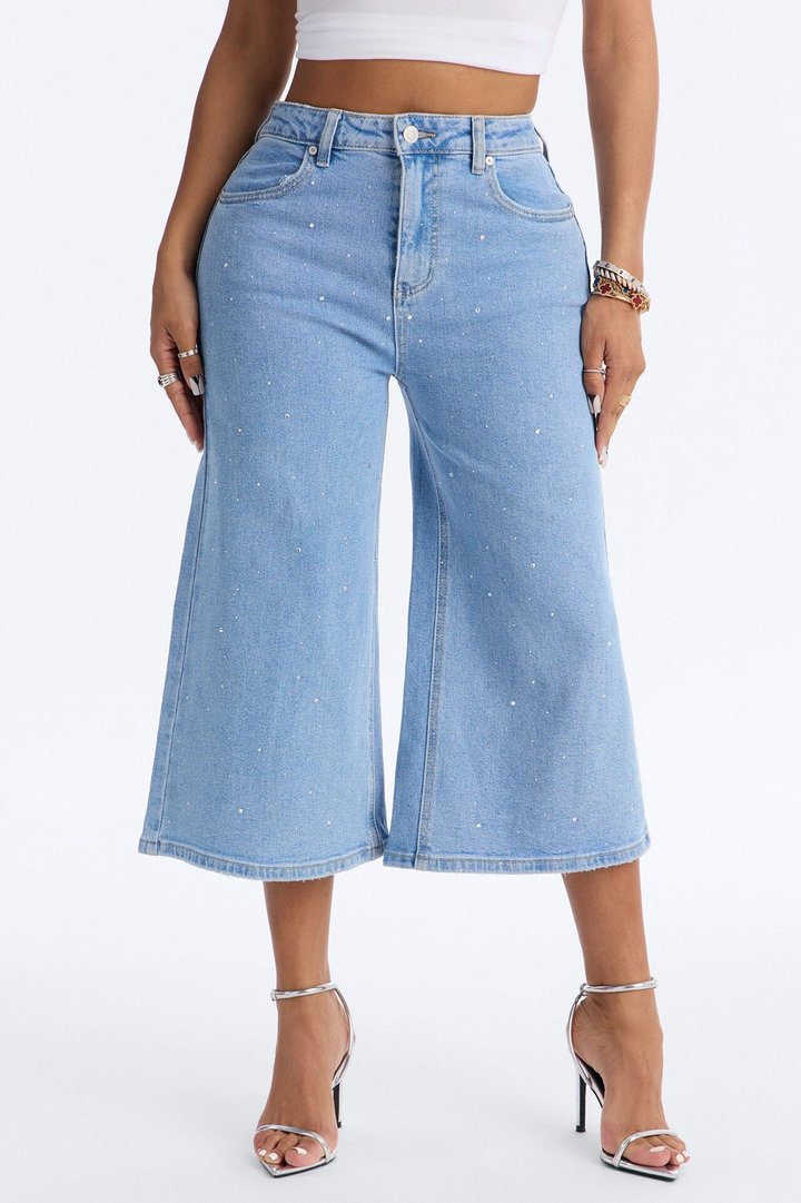 Fancy Pants Embellished Denim Culottes - Light Wash