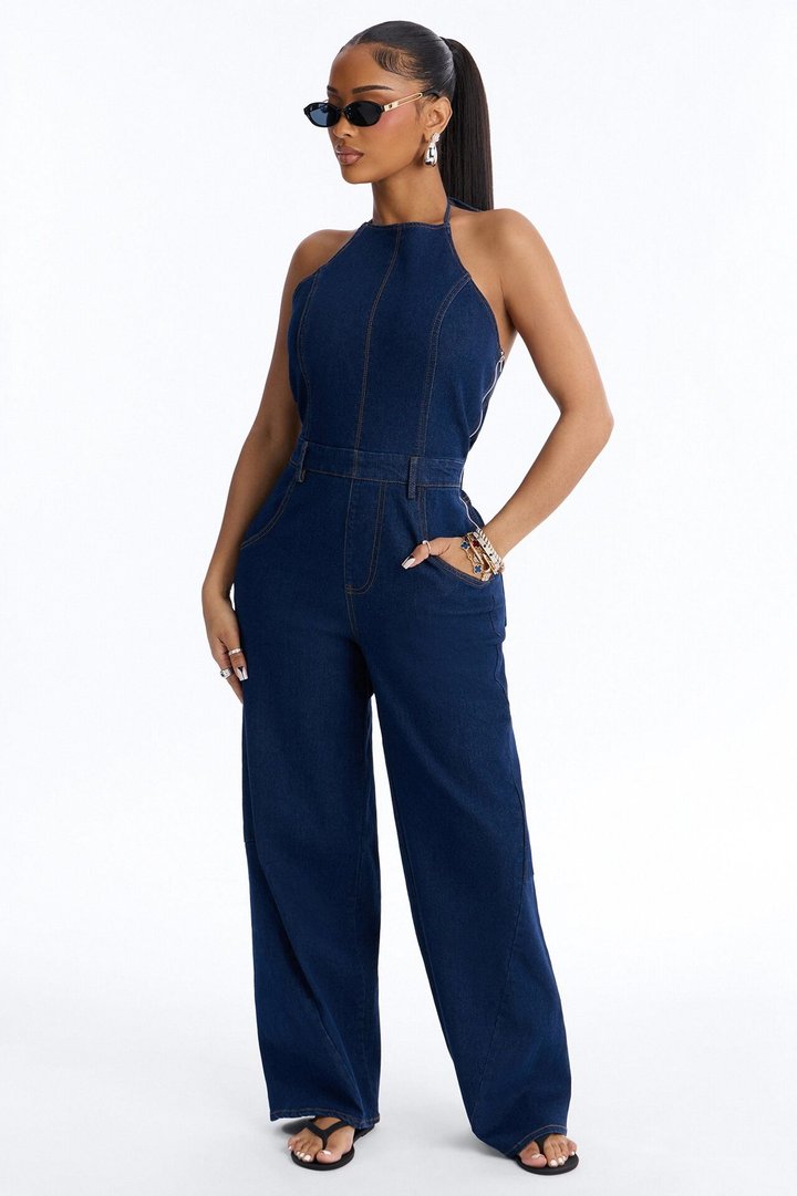 Henna Denim Barrel Leg Jumpsuit - Dark Wash