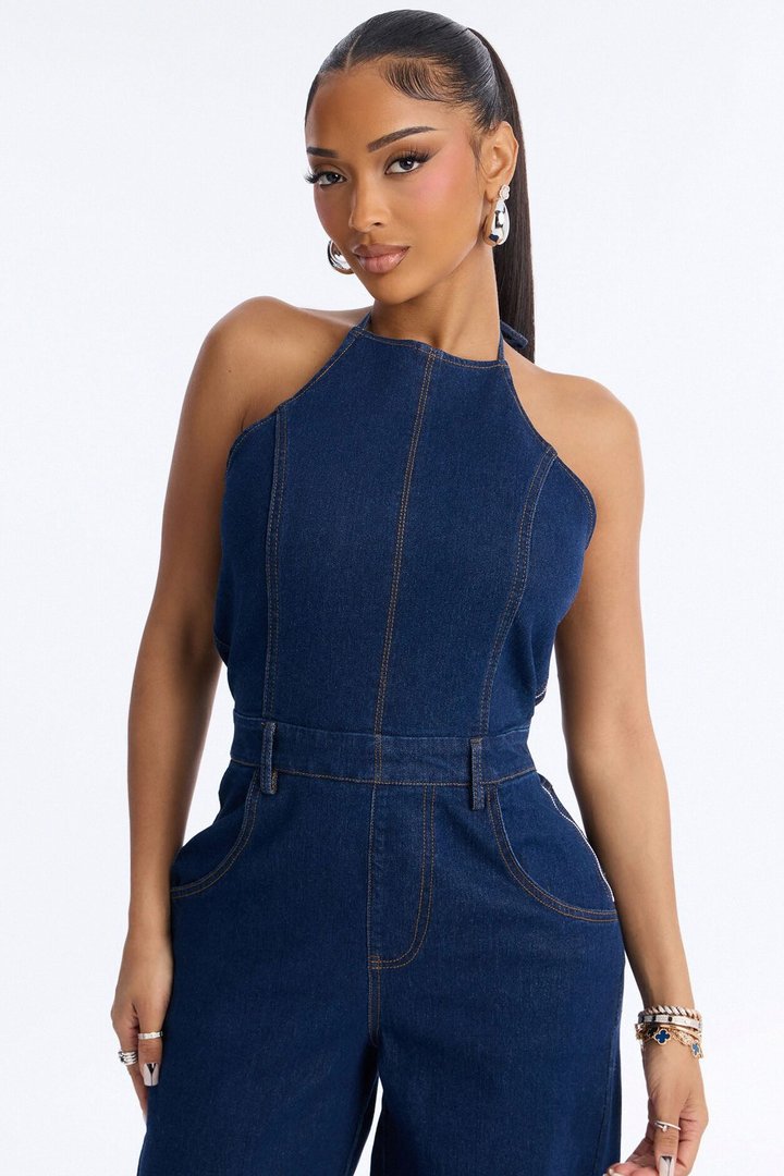 Henna Denim Barrel Leg Jumpsuit - Dark Wash