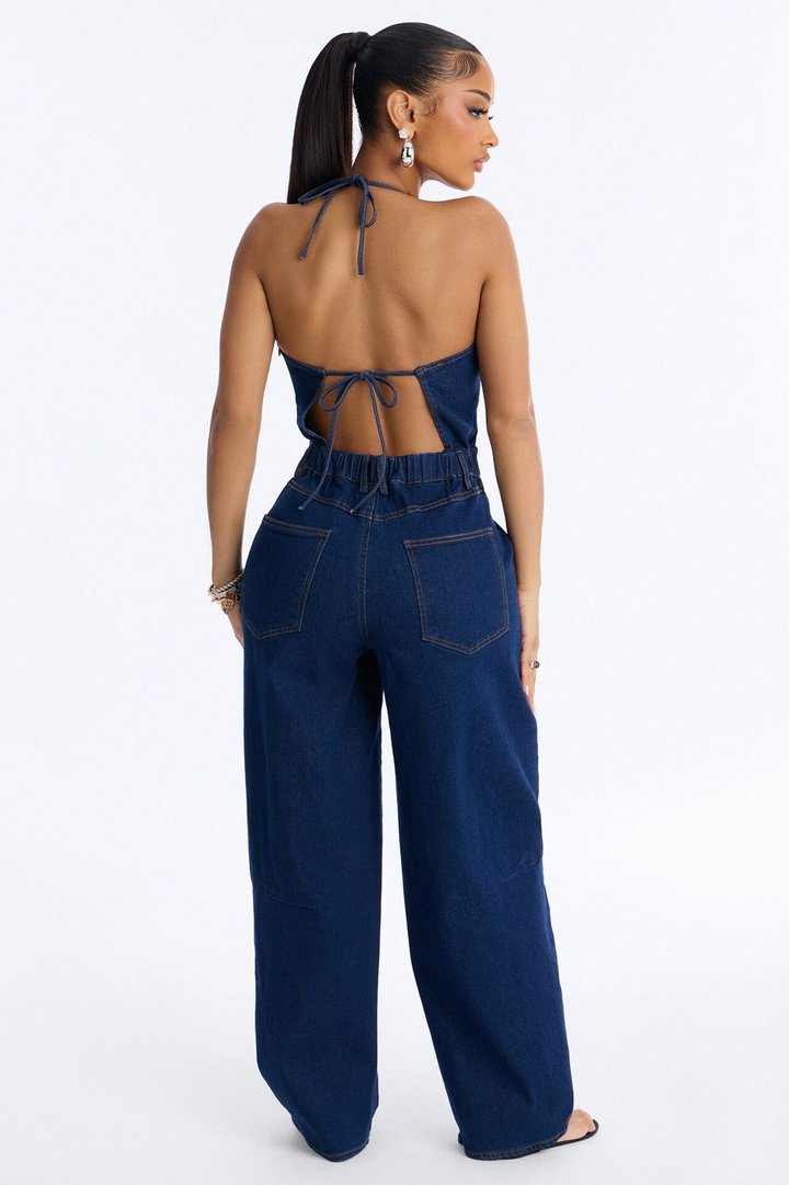 Henna Denim Barrel Leg Jumpsuit - Dark Wash