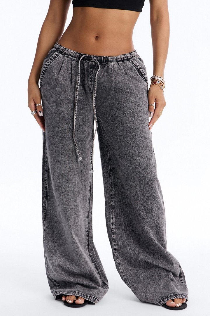 Baeside Tie Waist Wide Leg Jeans - Black Wash