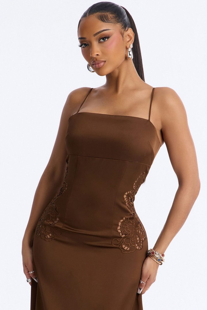 Daisy Embroidered Satin Maxi Dress - Brown