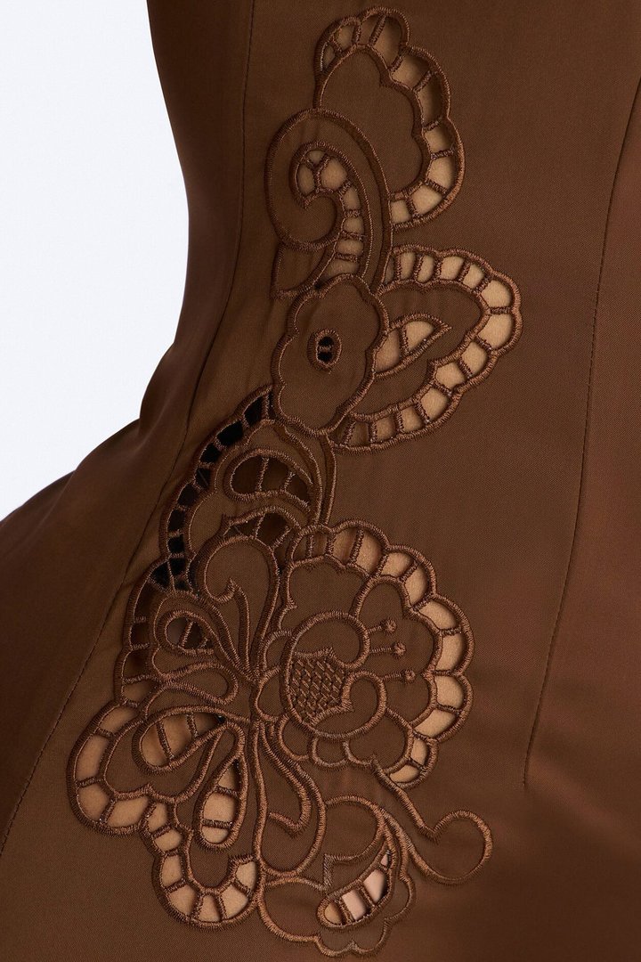 Daisy Embroidered Satin Maxi Dress - Brown